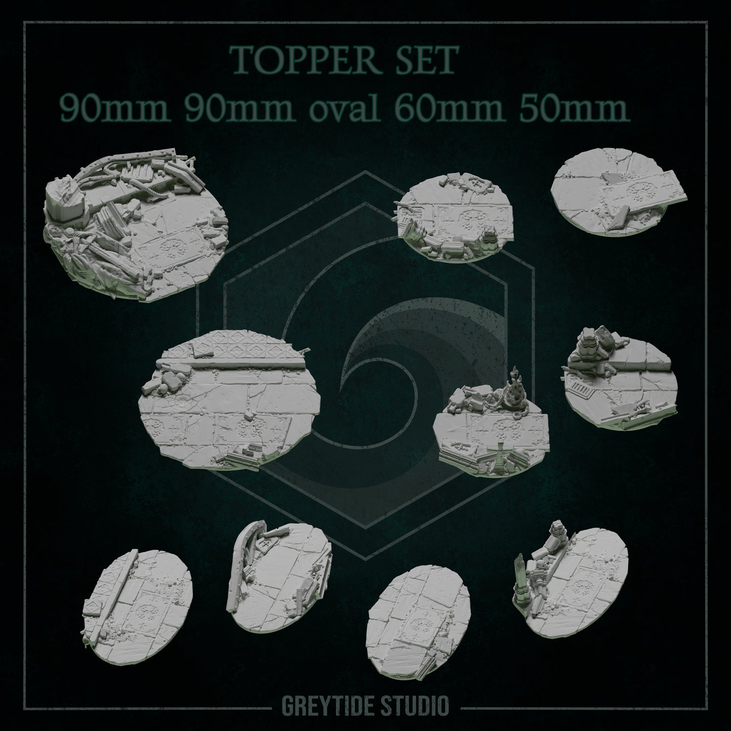 topper set gothic city ruins 90mm, 90mm oval, 60mm, 50mm - GreyTide Studio