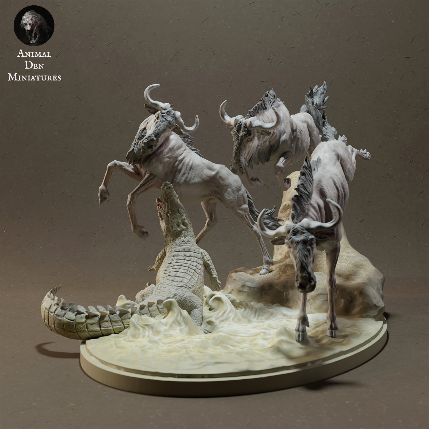 Wildebeest Crossing with Nile Crocodile - Animal Den Miniatures