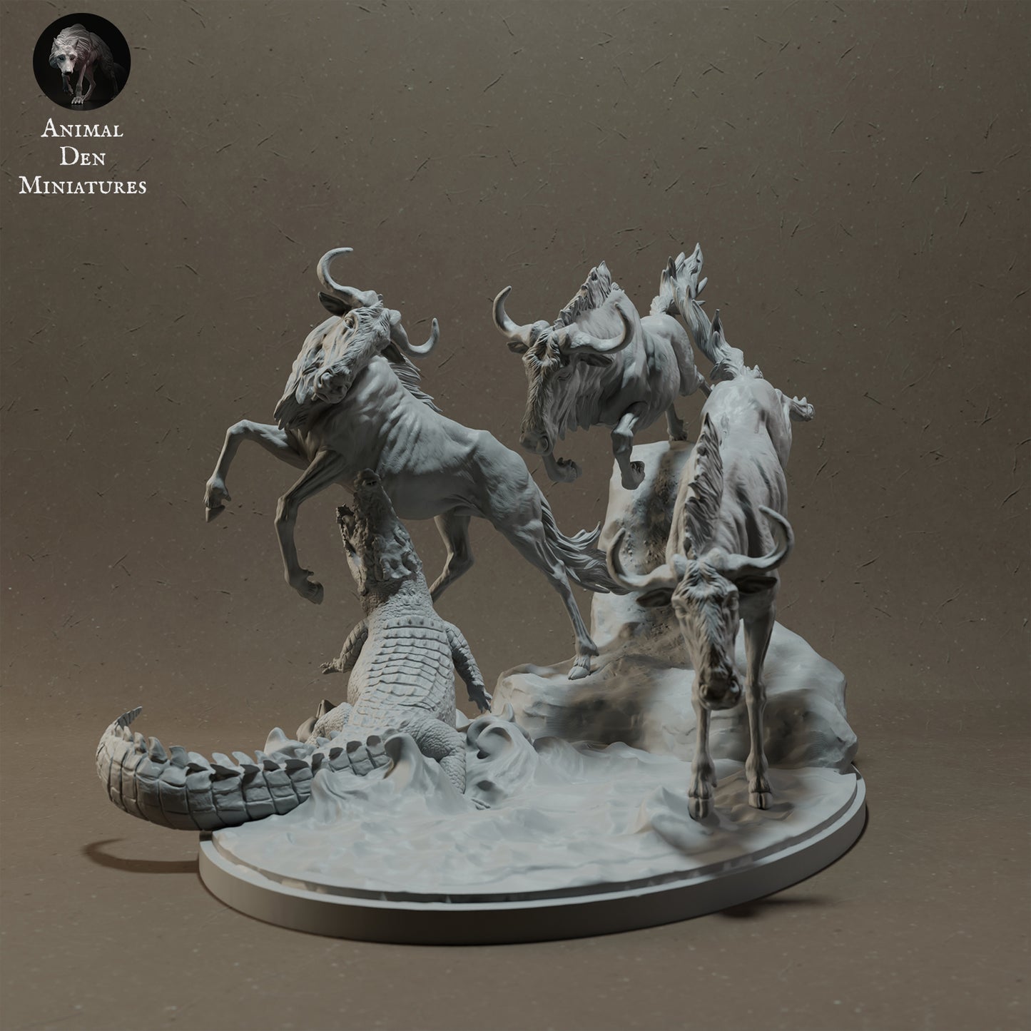 Wildebeest Crossing with Nile Crocodile - Animal Den Miniatures