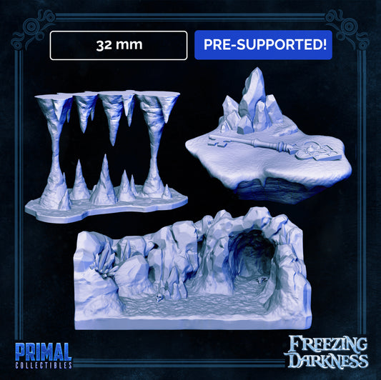 Ice cave, Stalactite trap and Crystal key -  FREEZING DARKNESS - MASTERS OF DUNGEONS QUEST - Primal Collectibles