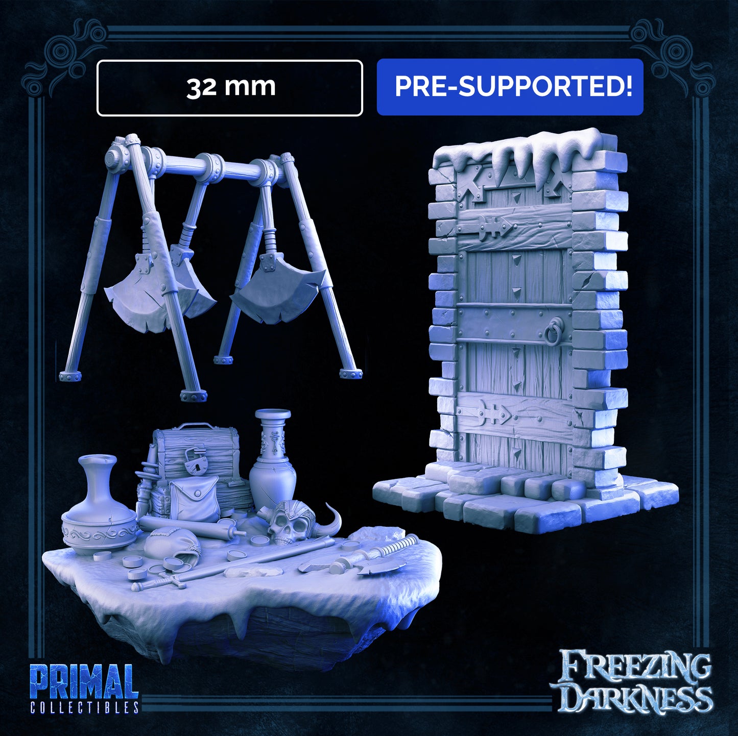 Axes trap, Wooden door and treasure -  FREEZING DARKNESS - MASTERS OF DUNGEONS QUEST - Primal Collectibles