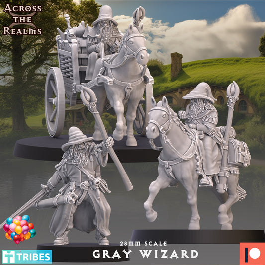 Grey Wizard on Foot, Mounted and Cart - Across the Realms