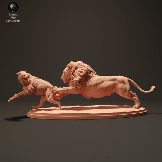 Lion Hunting a Spotted Hyena - Animal Den Miniatures