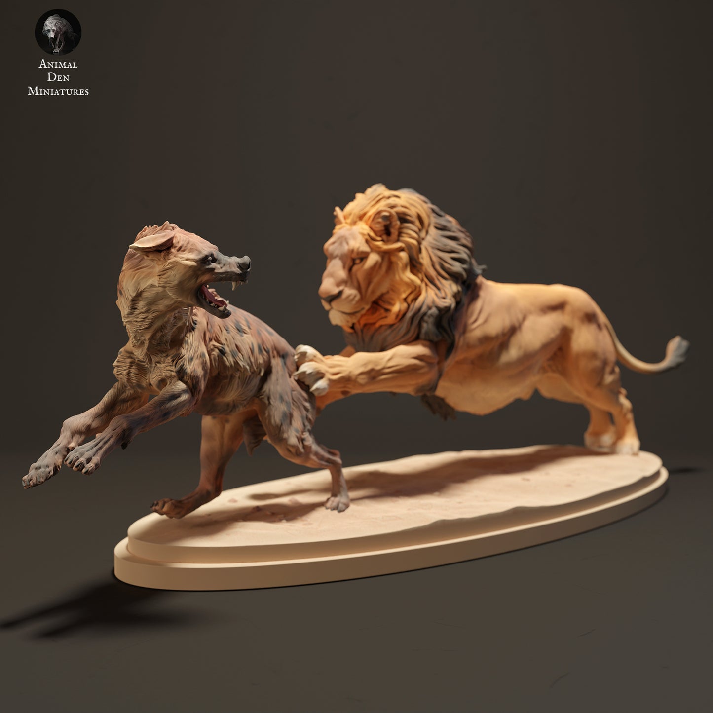 Lion Hunting a Spotted Hyena - Animal Den Miniatures