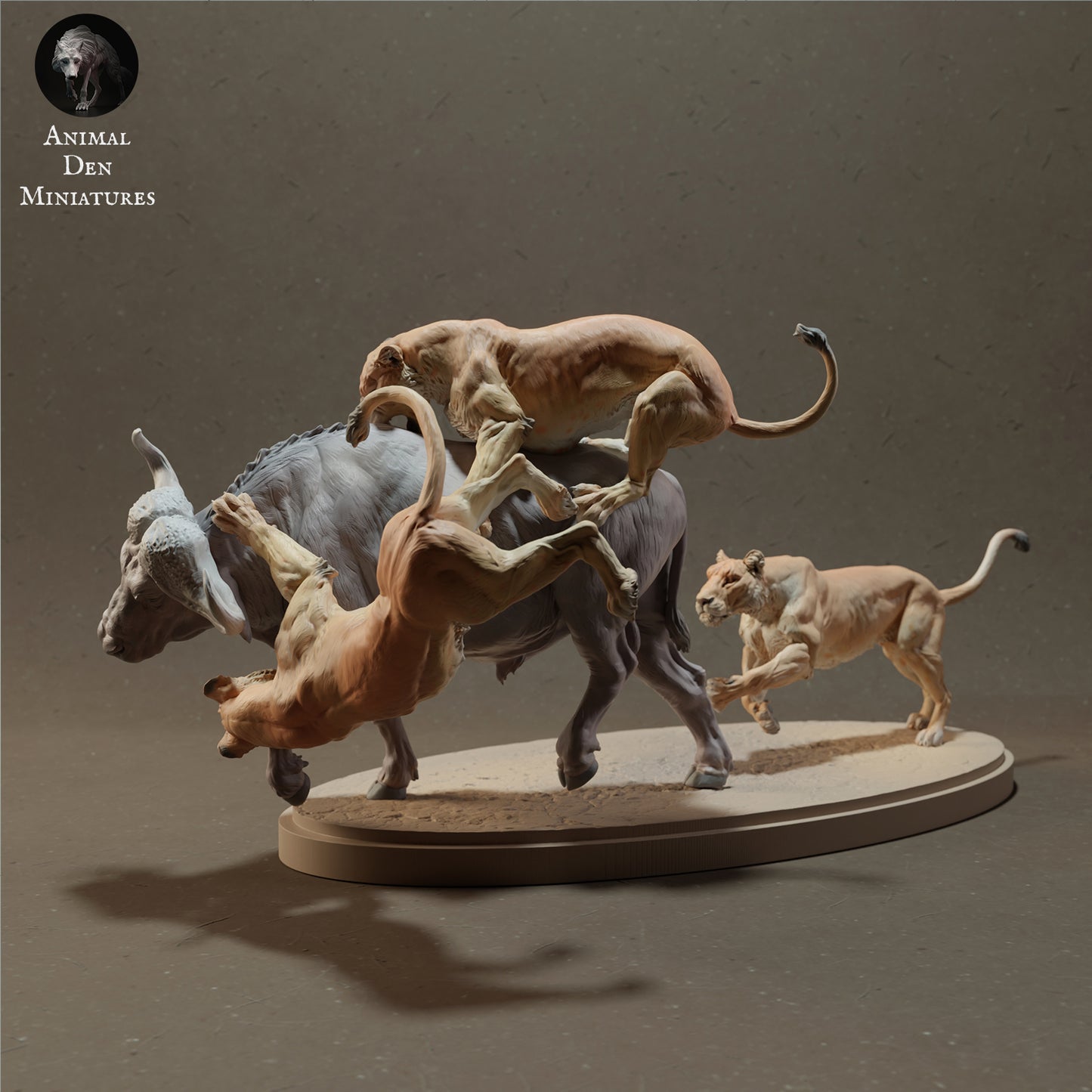 Lionesses Hunting Cape Buffalo - Animal Den Miniatures