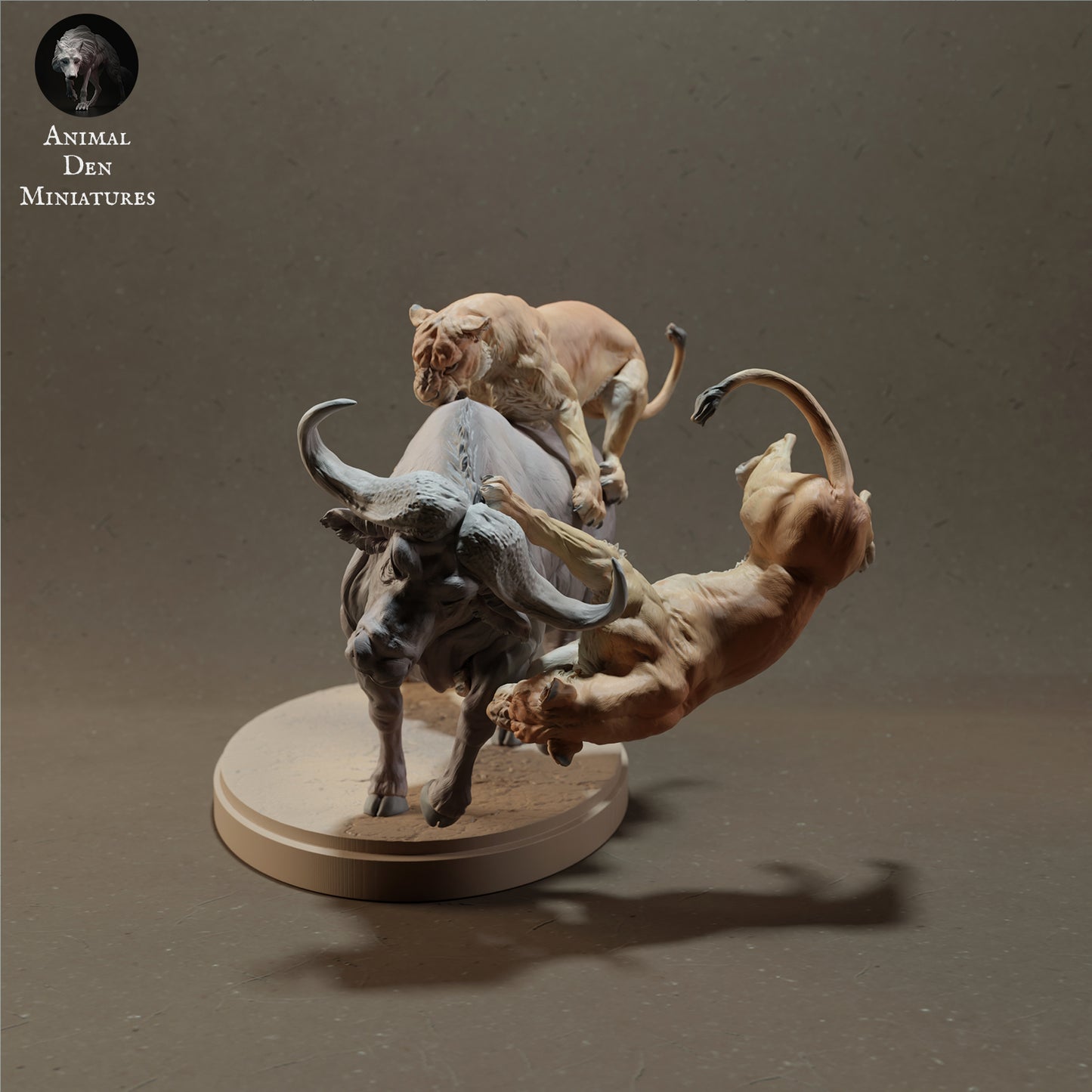 Lionesses Hunting Cape Buffalo - Animal Den Miniatures