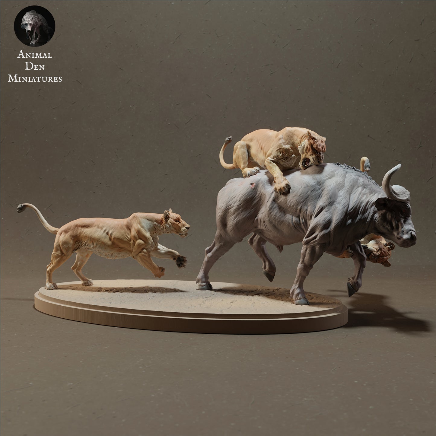 Lionesses Hunting Cape Buffalo - Animal Den Miniatures