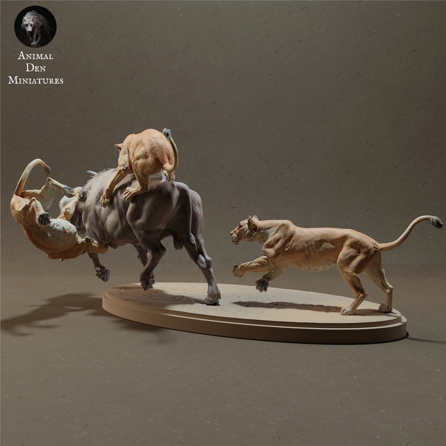 Lionesses Hunting Cape Buffalo - Animal Den Miniatures