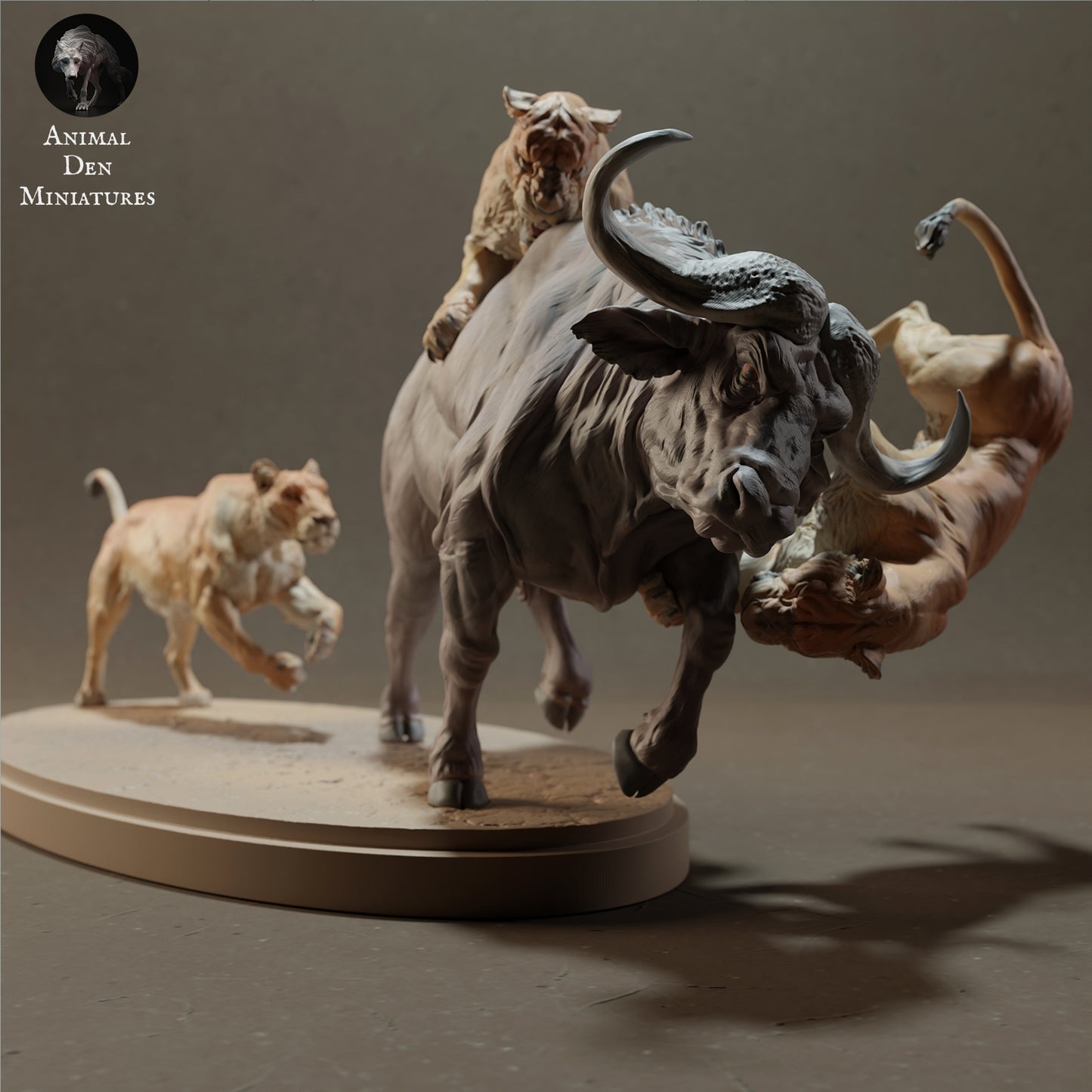 Lionesses Hunting Cape Buffalo - Animal Den Miniatures