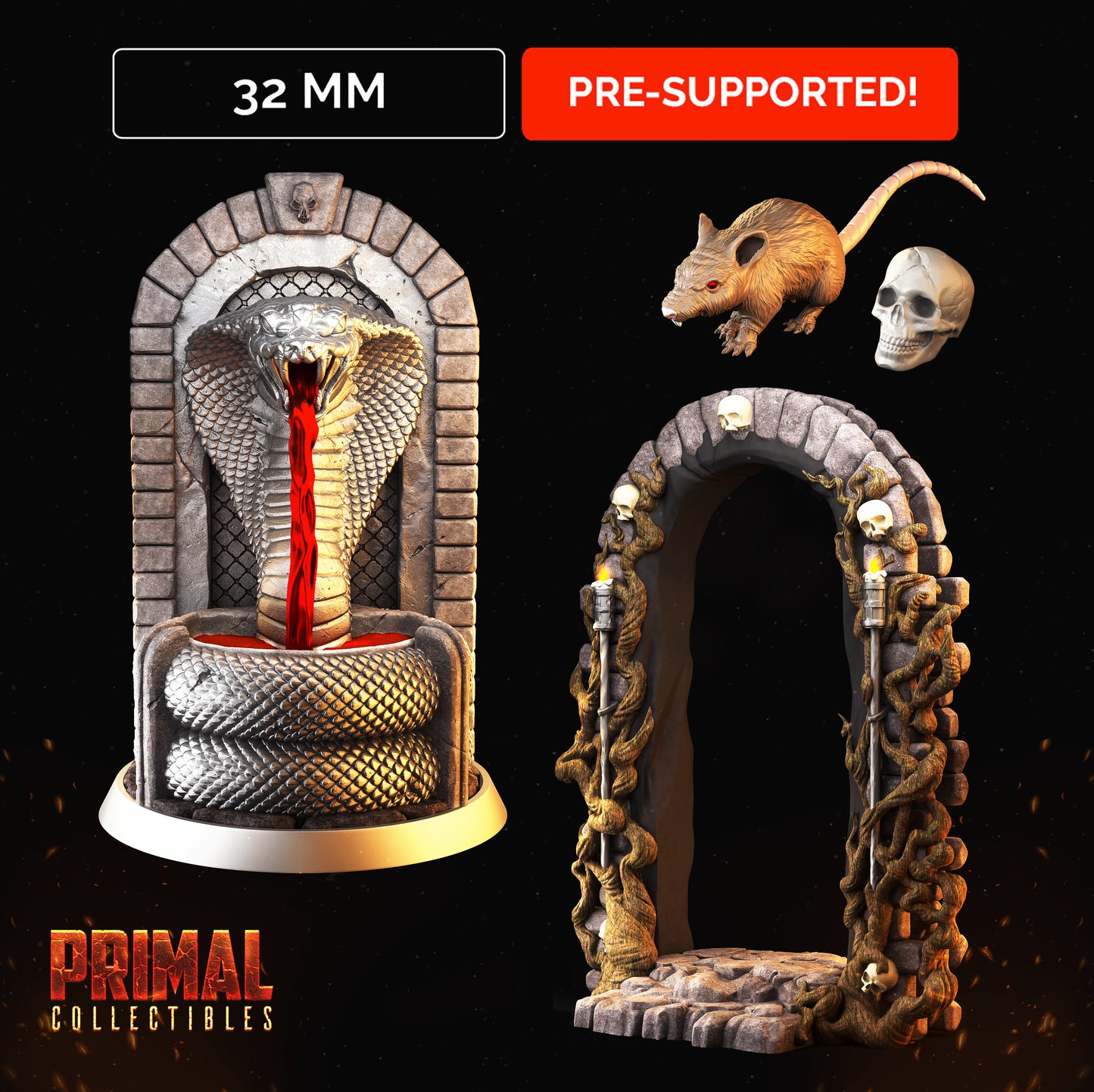 Snake fountain, door open and rat/skull - MASTERS OF DUNGEONS QUEST - Primal Collectibles