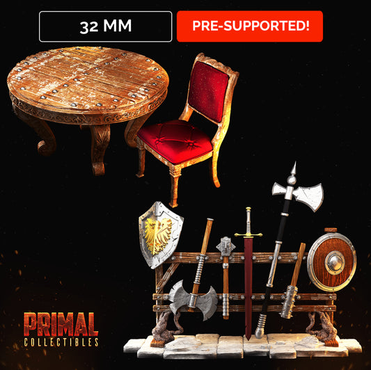 Table + chair and Weapons rack - MASTERS OF DUNGEONS QUEST - Primal Collectibles