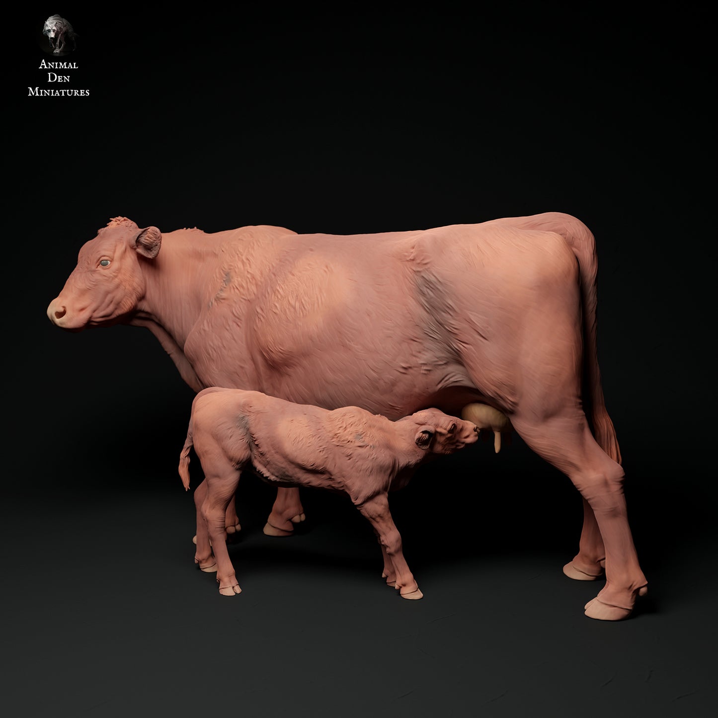 Red Devon Cow feeding Calf - Animal Den Miniatures