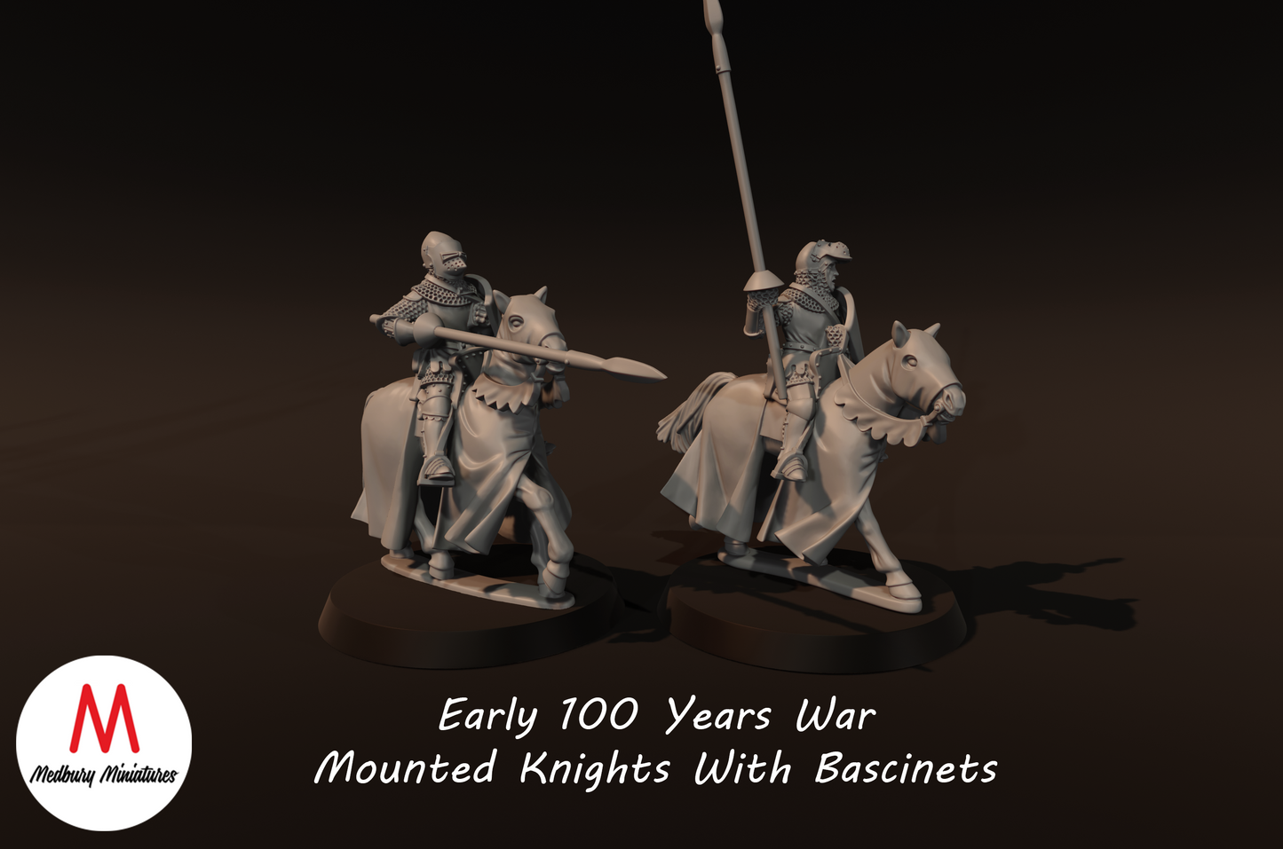 Chevaliers à cheval de la guerre de Cent Ans avec bassinets - Medbury Miniatures