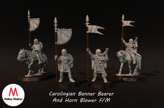 Carolingian Banner Bearer And Hornblower on Foot and Mounted - Medbury Miniatures