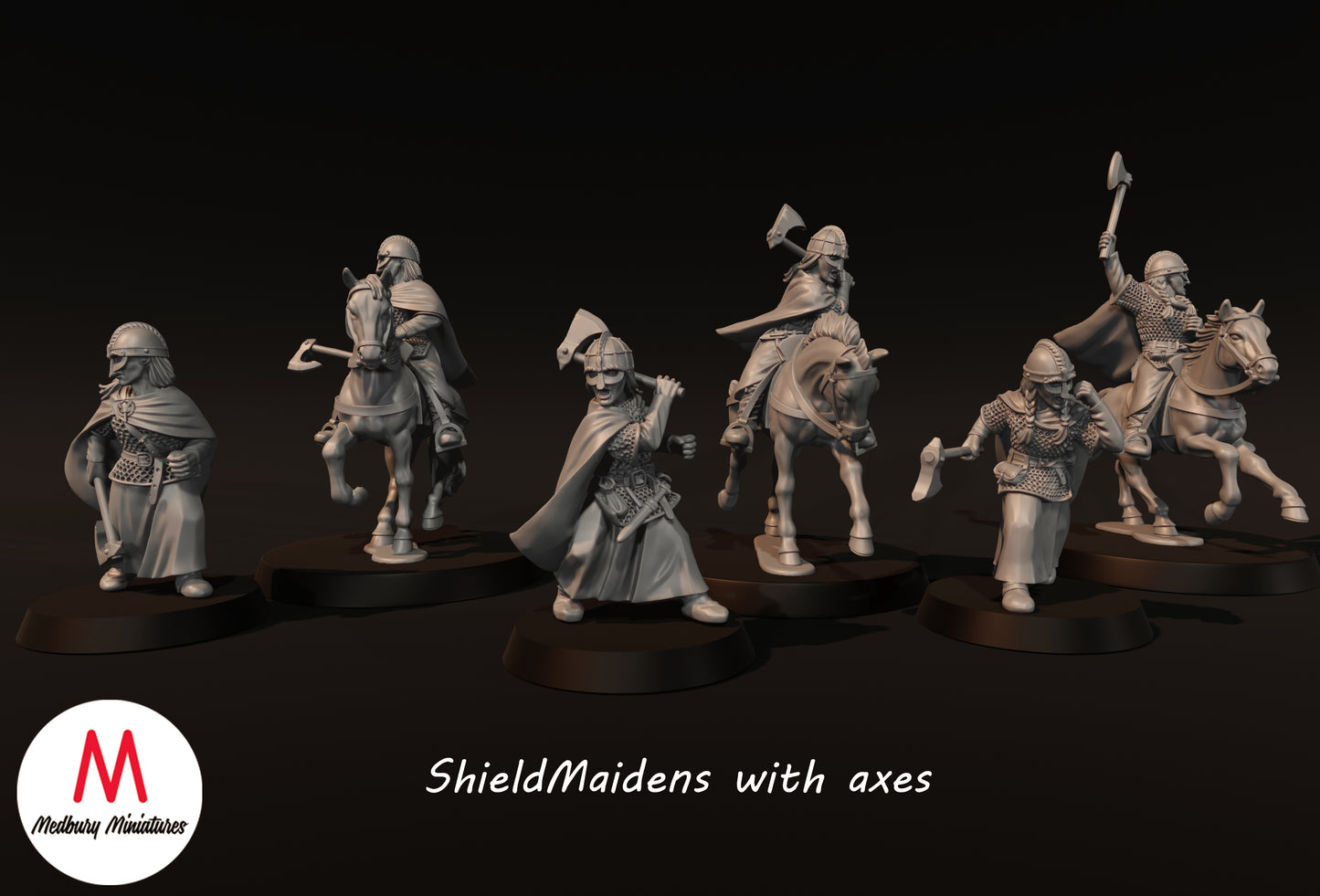 Schildmaiden mit Äxten zu Fuß und beritten - Medbury Miniatures