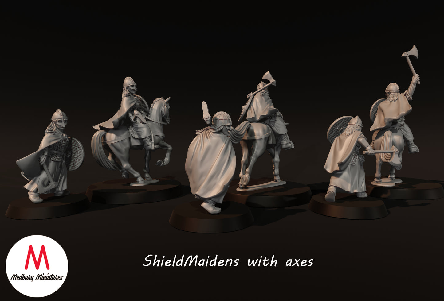 Schildmaiden mit Äxten zu Fuß und beritten - Medbury Miniatures