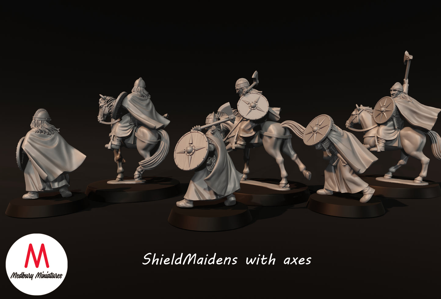 Schildmaiden mit Äxten zu Fuß und beritten - Medbury Miniatures