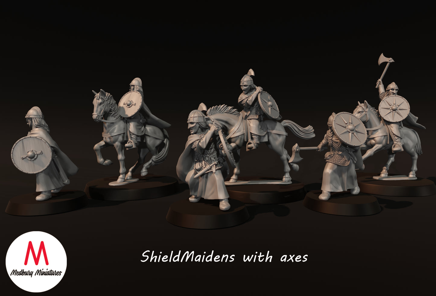 Schildmaiden mit Äxten zu Fuß und beritten - Medbury Miniatures