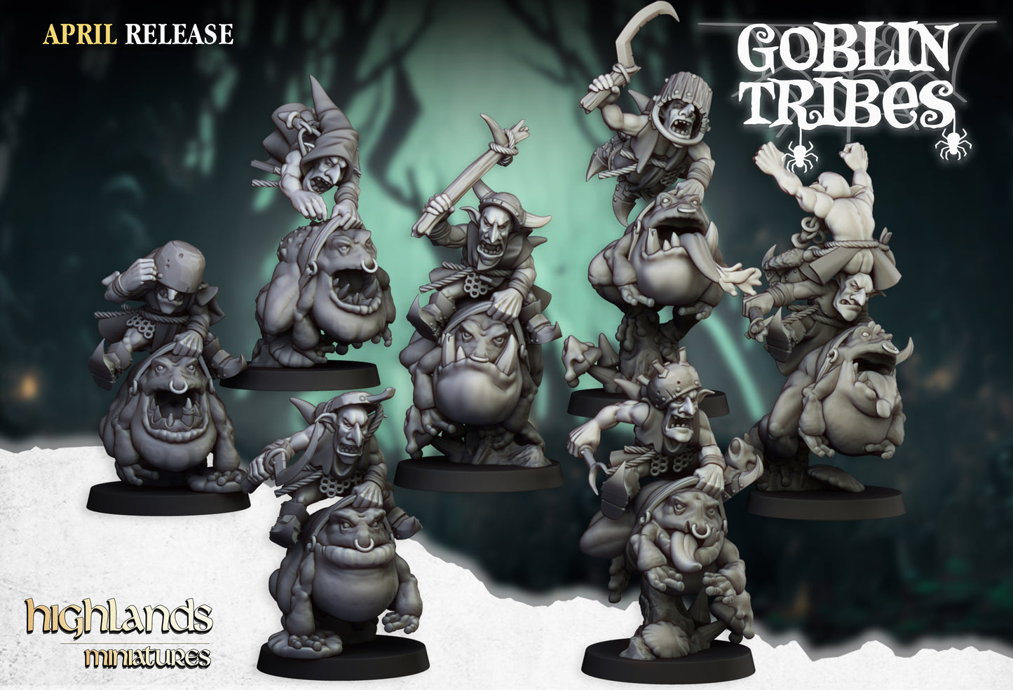 Swamp Goblins Frog Riders and Frog Riders with sticks - Highlands Miniatures