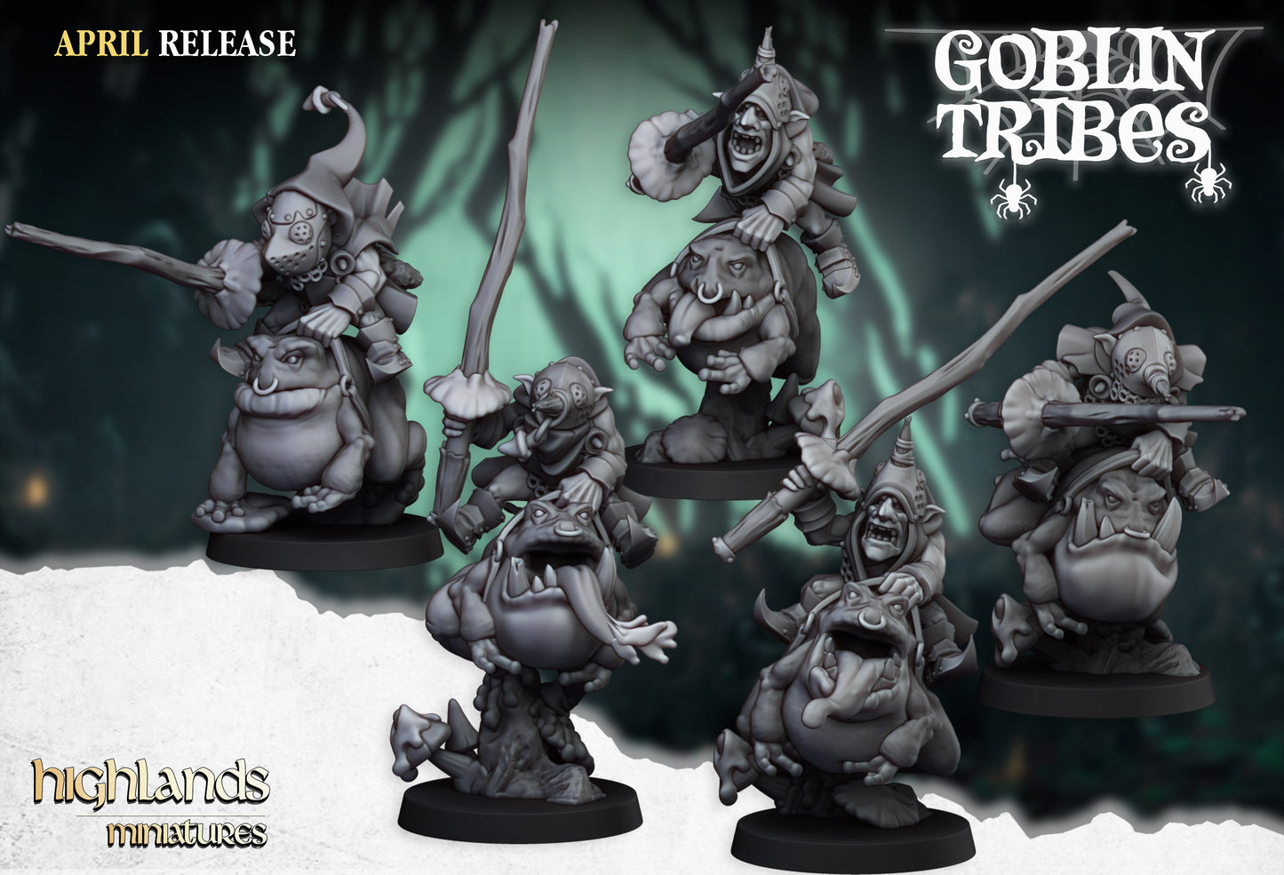 Swamp Goblins Frog Riders and Frog Riders with sticks - Highlands Miniatures